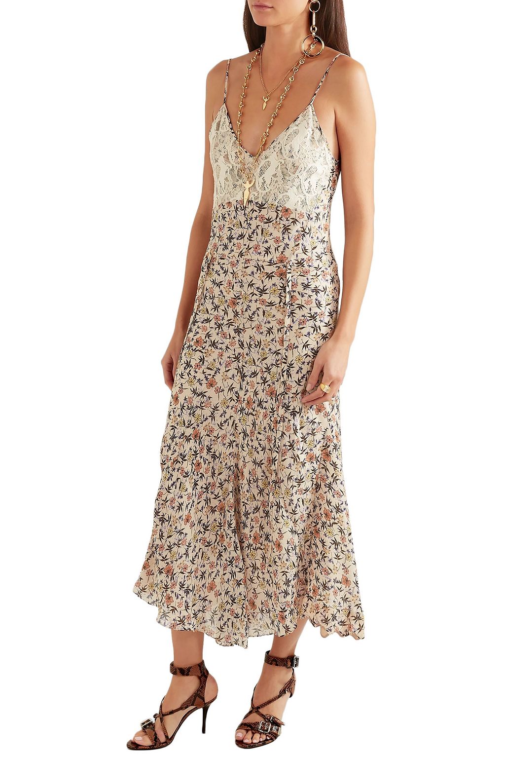 CHLOÉ Belted lace-trimmed floral-print crepe midi dress