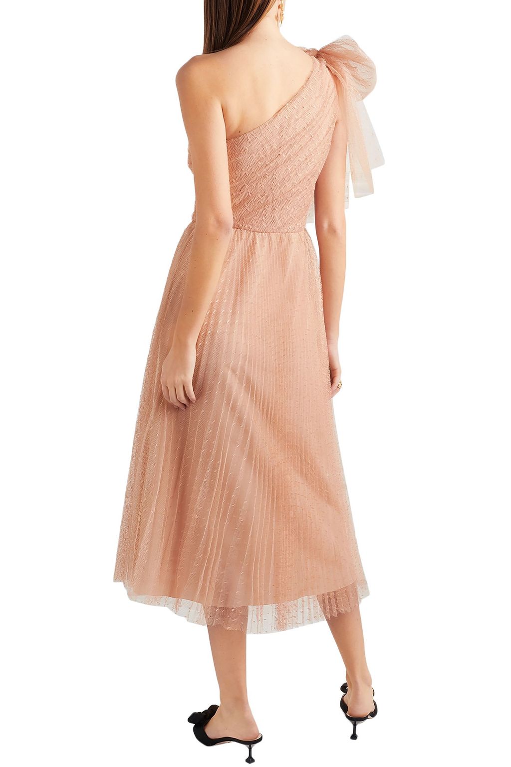 REDVALENTINO One-shoulder pleated point d'esprit midi dress