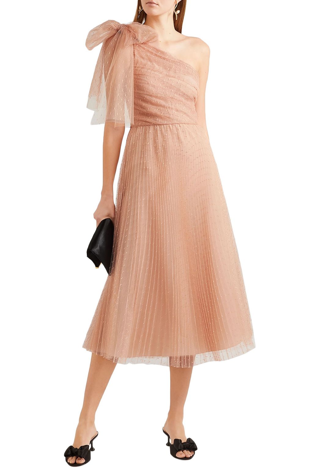 REDVALENTINO One-shoulder pleated point d'esprit midi dress