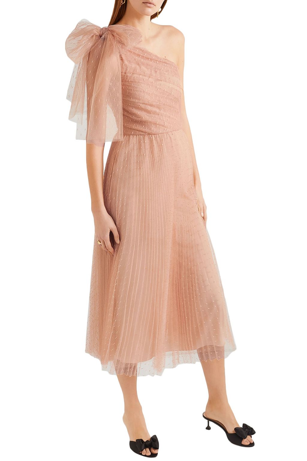 REDVALENTINO One-shoulder pleated point d'esprit midi dress