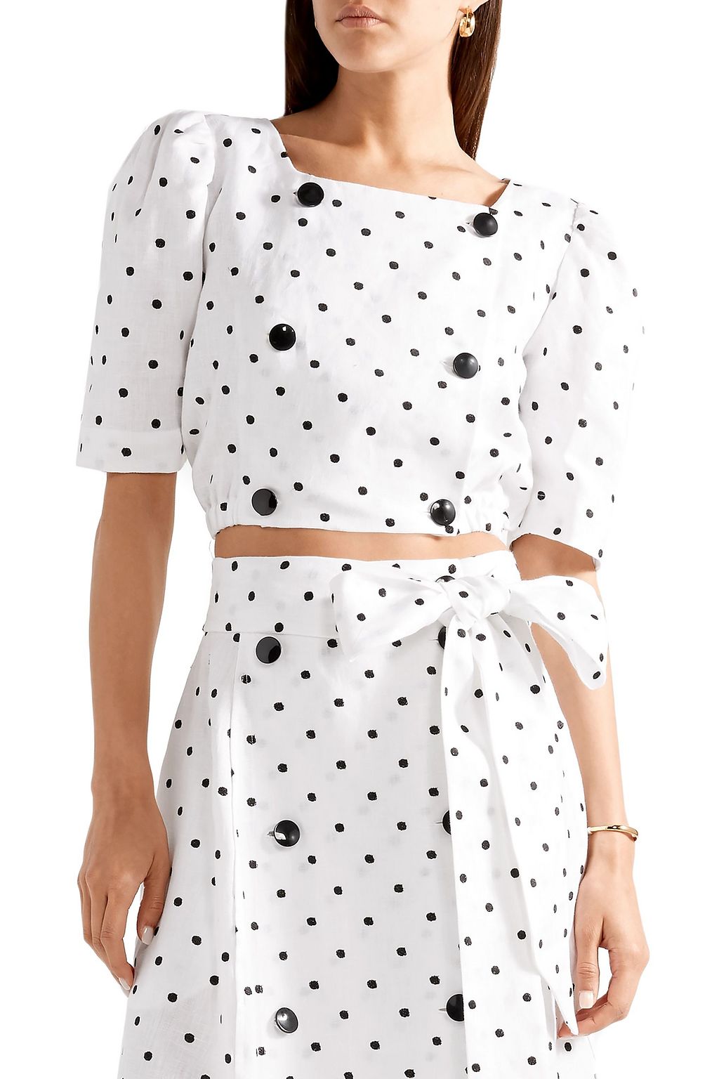 LISA MARIE FERNANDEZ Diana double-breasted embroidered polka-dot linen  top