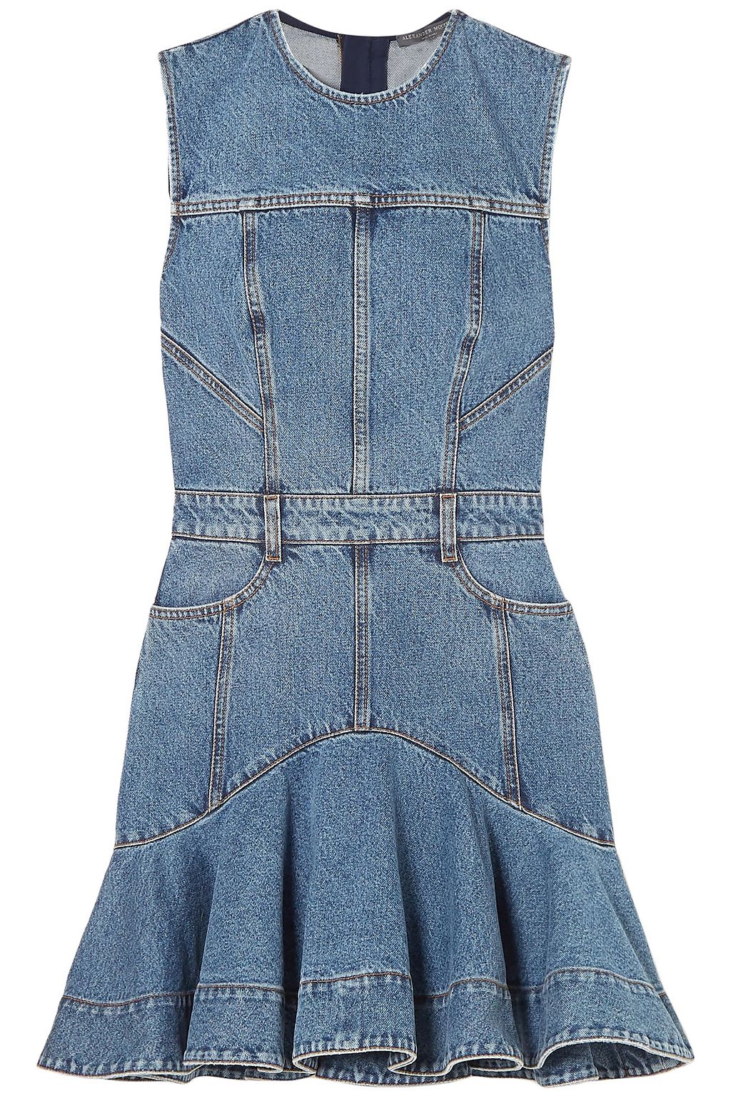 Flared ruffled striped denim mini dress 