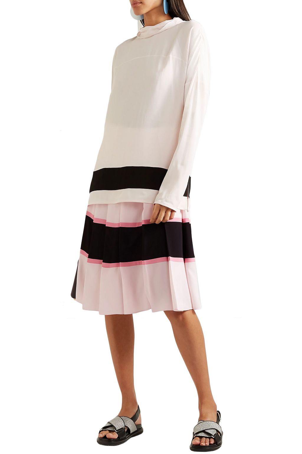 MARNI Pleated striped crepe de chine skirt