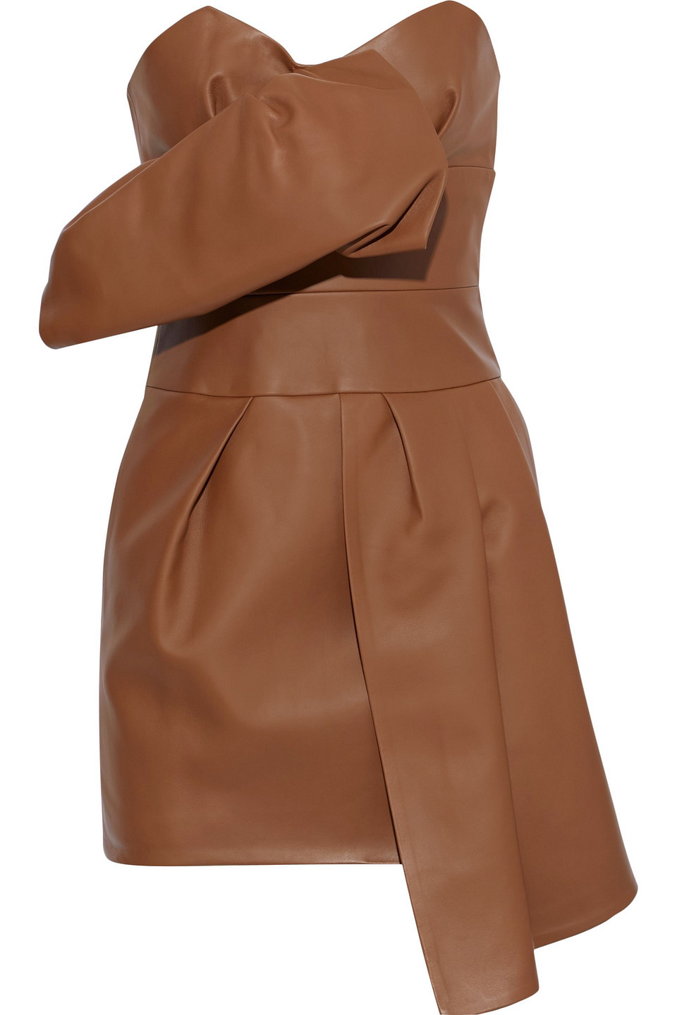 Strapless gathered leather mini dress