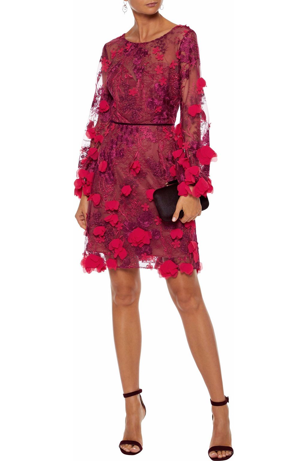 MARCHESA NOTTE Floral-appliquéd embroidered tulle mini dress