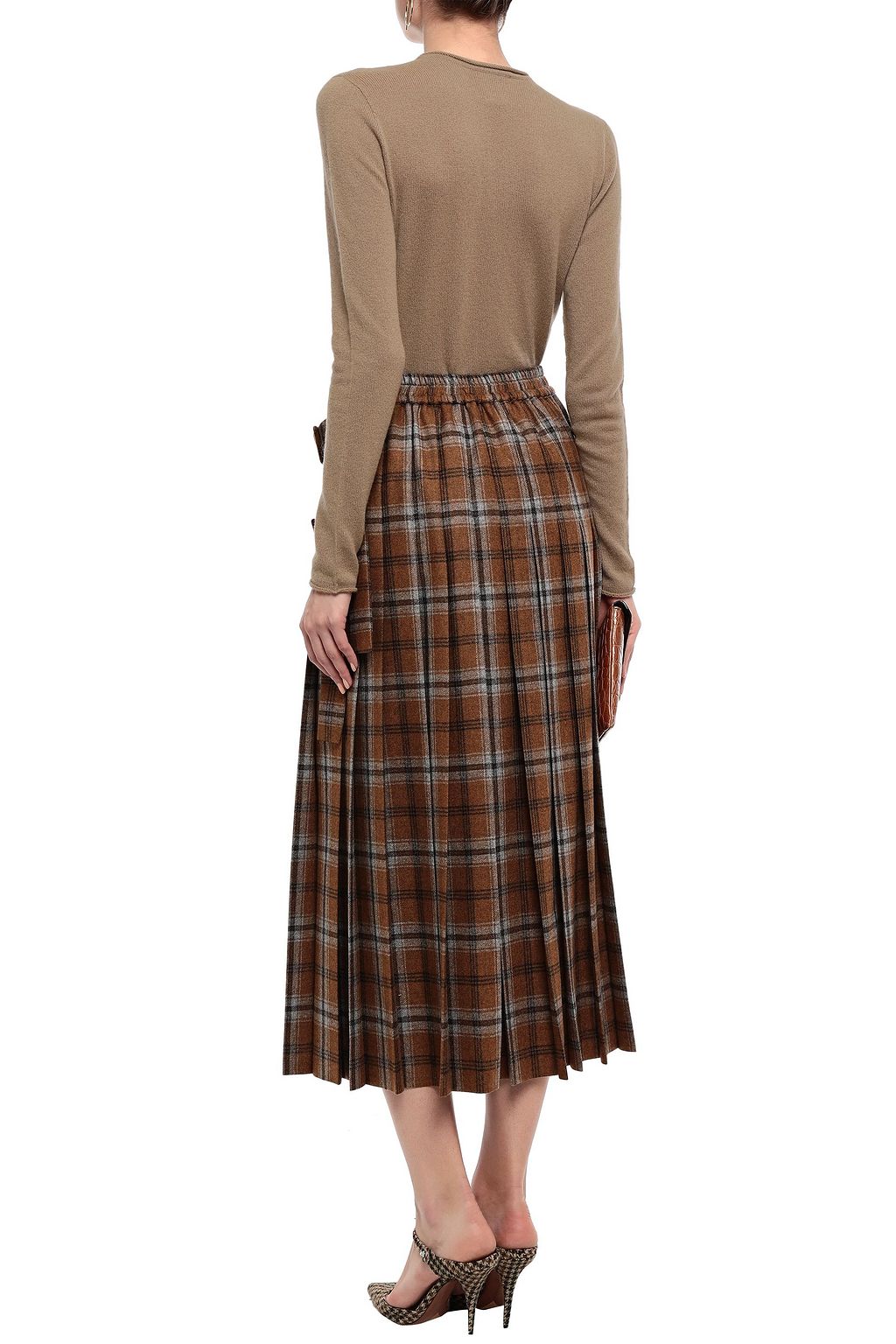 AGNONA Pleated checked wool and cashmere-blend midi skirt