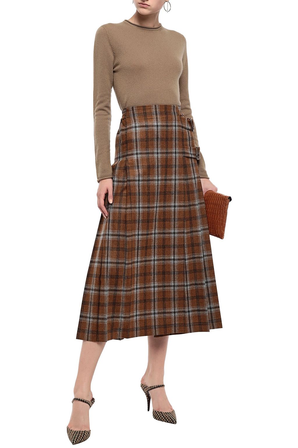 AGNONA Pleated checked wool and cashmere-blend midi skirt