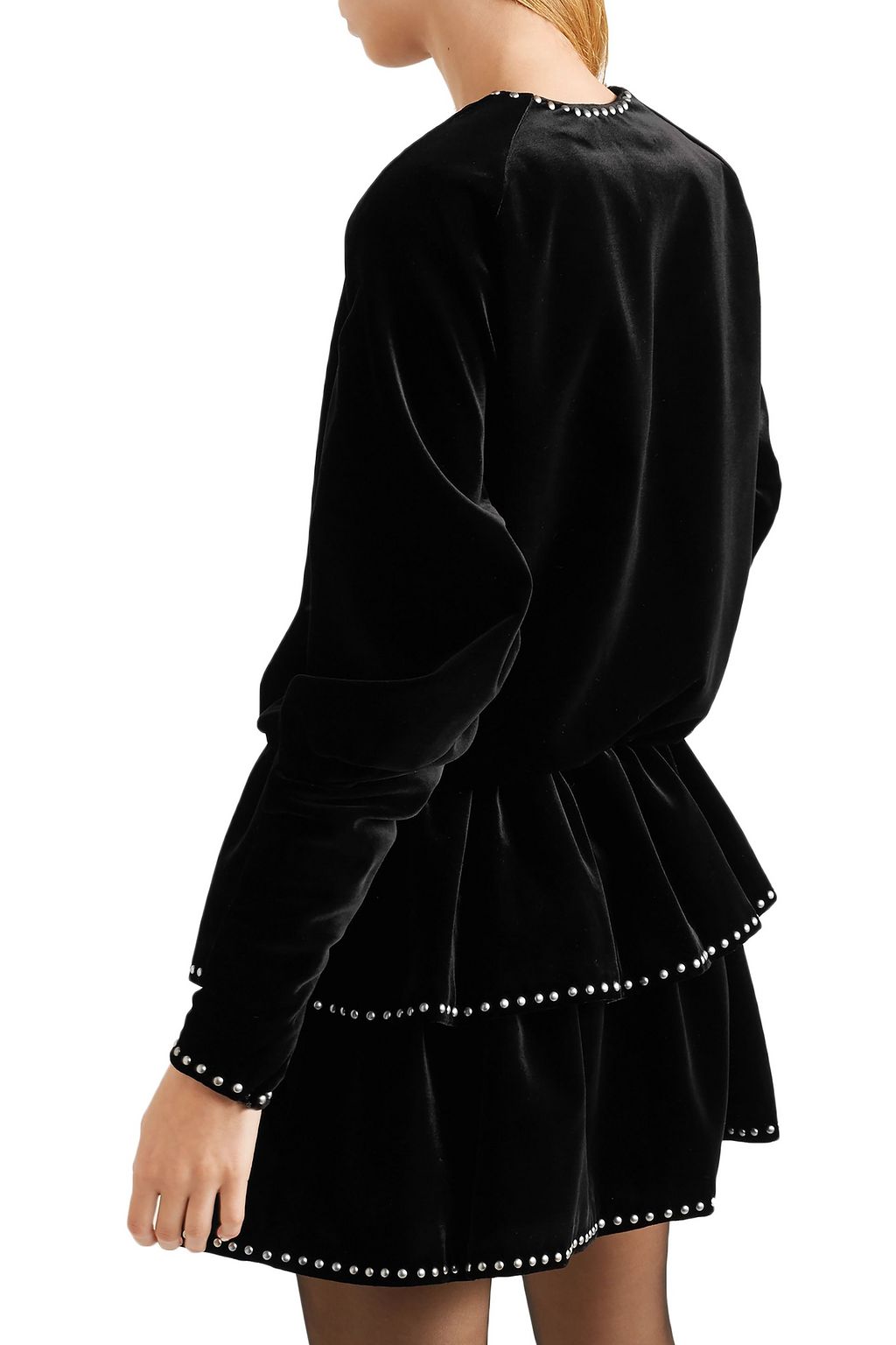 SAINT LAURENT Studded ruffled velvet mini dress