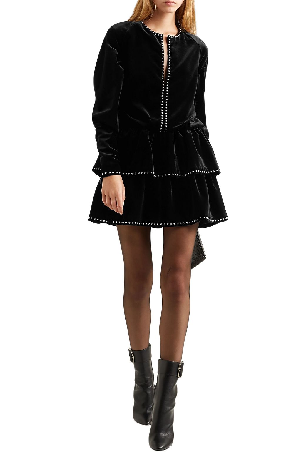 SAINT LAURENT Studded ruffled velvet mini dress