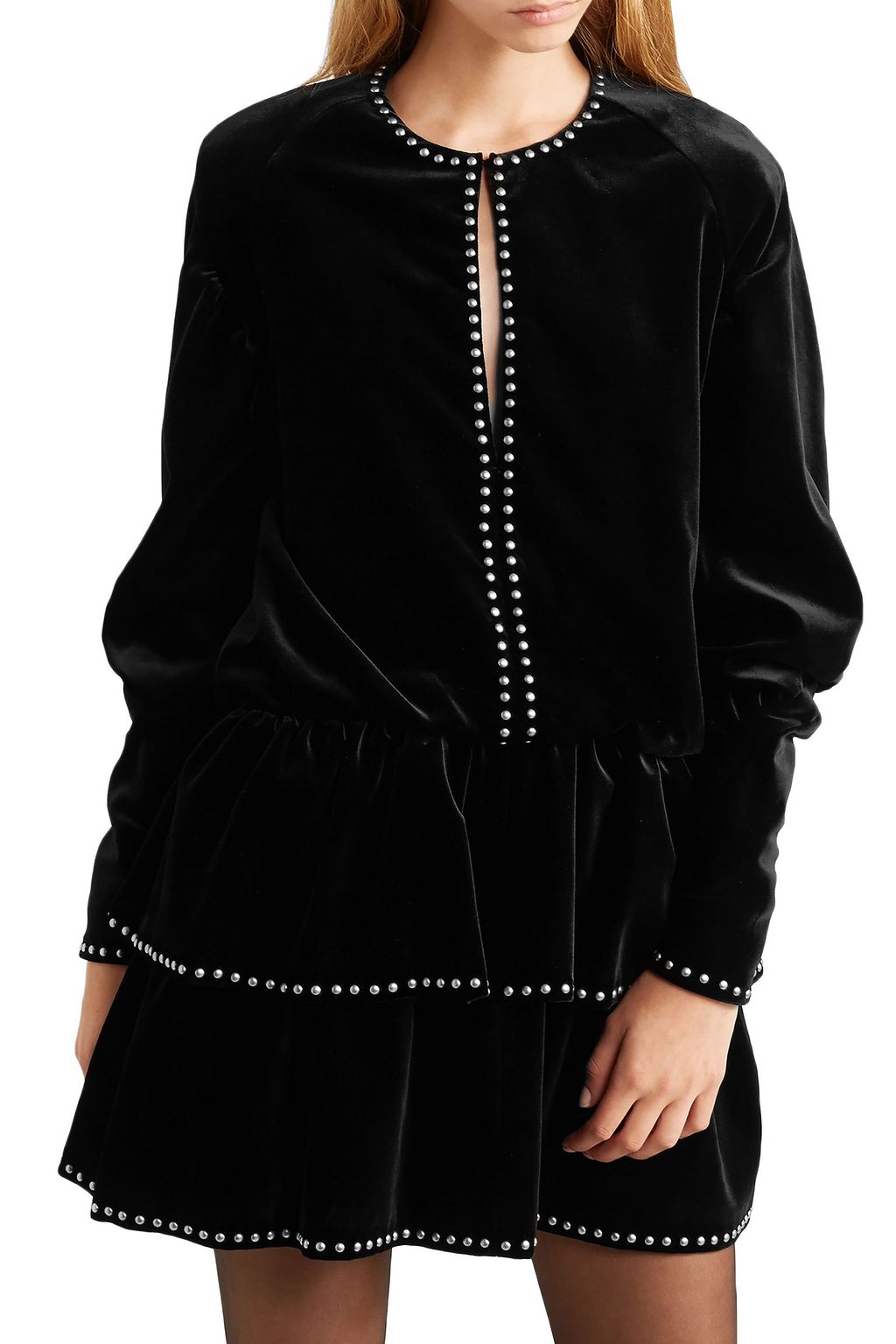 SAINT LAURENT Studded ruffled velvet mini dress