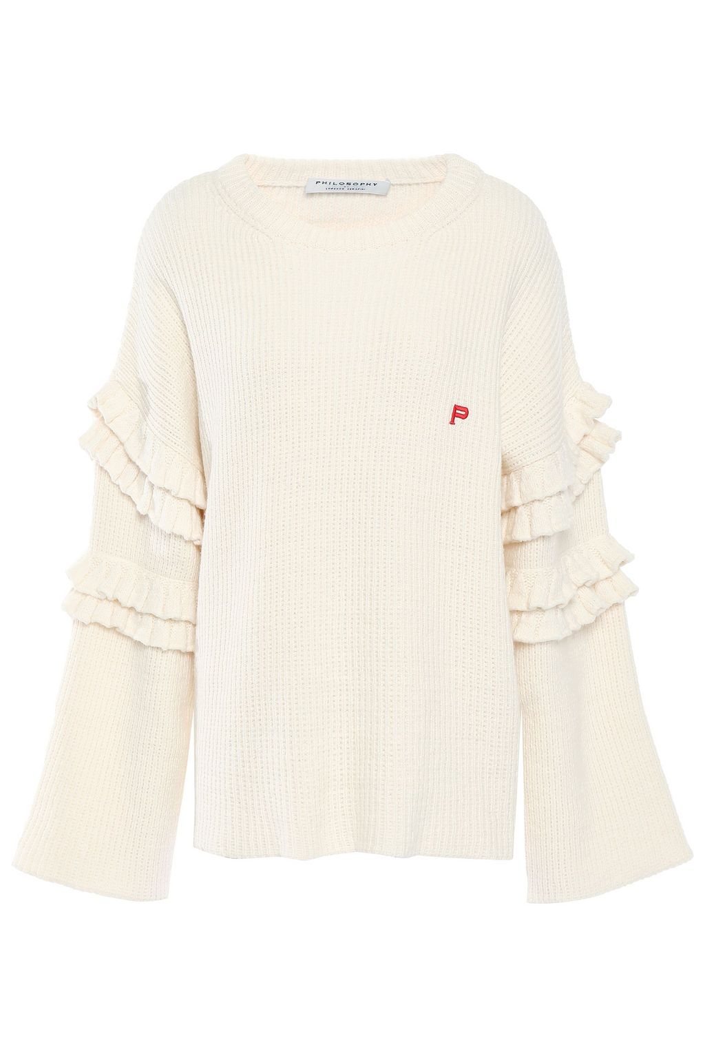 Ruffle trimmed ribbed cotton blend sweater Ruffle trimmed ribbed cotton blend sweater