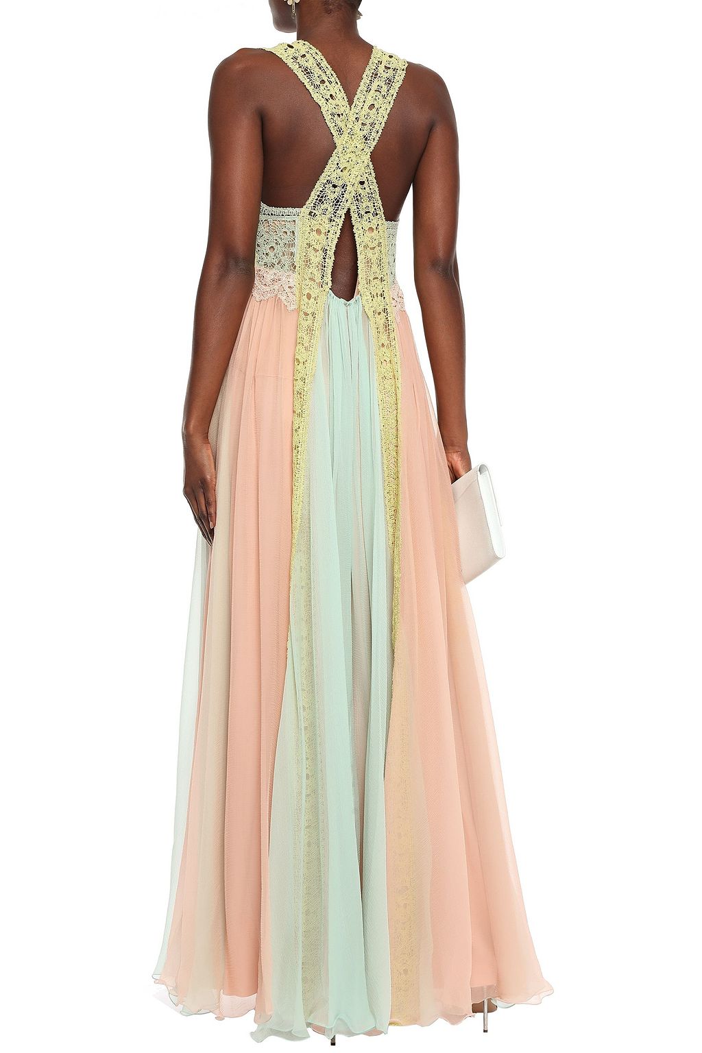 ALBERTA FERRETTI Cutout crochet-trimmed pleated silk-georgette maxi dress