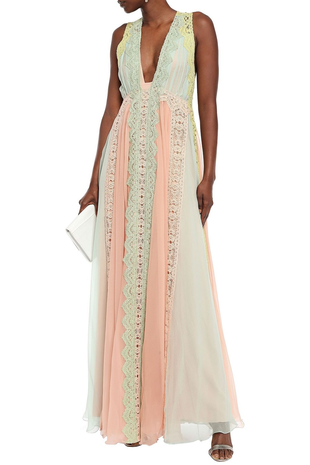 ALBERTA FERRETTI Cutout crochet-trimmed pleated silk-georgette maxi dress