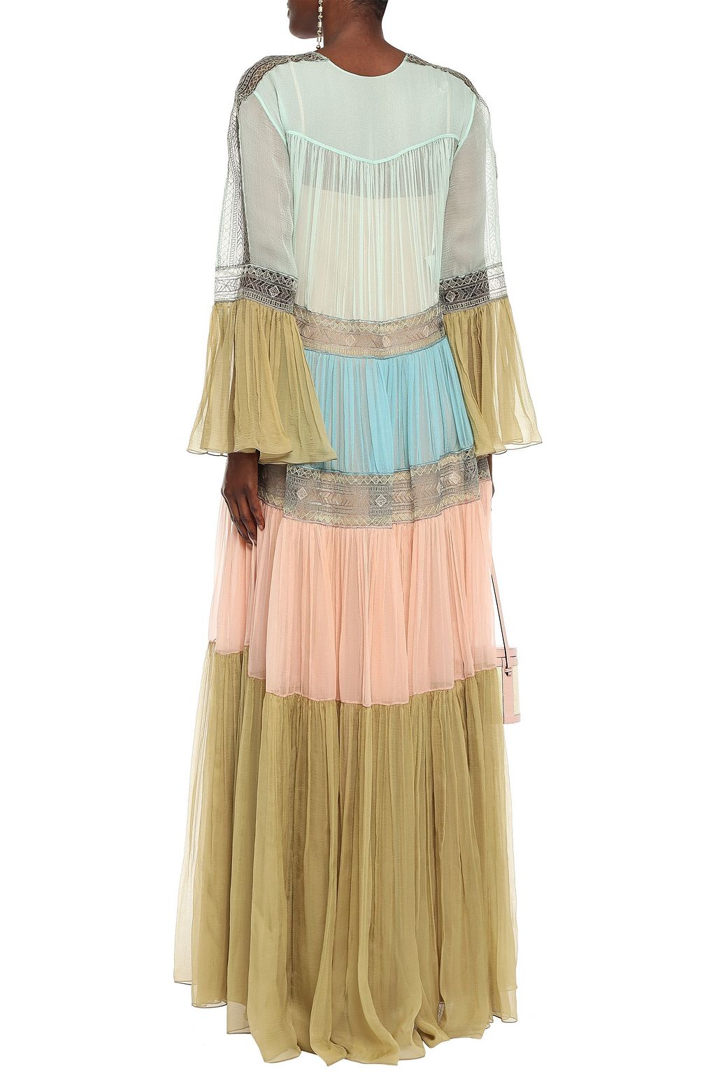 ALBERTA FERRETTI Layered lace-trimmed color-block silk-georgette maxi dress