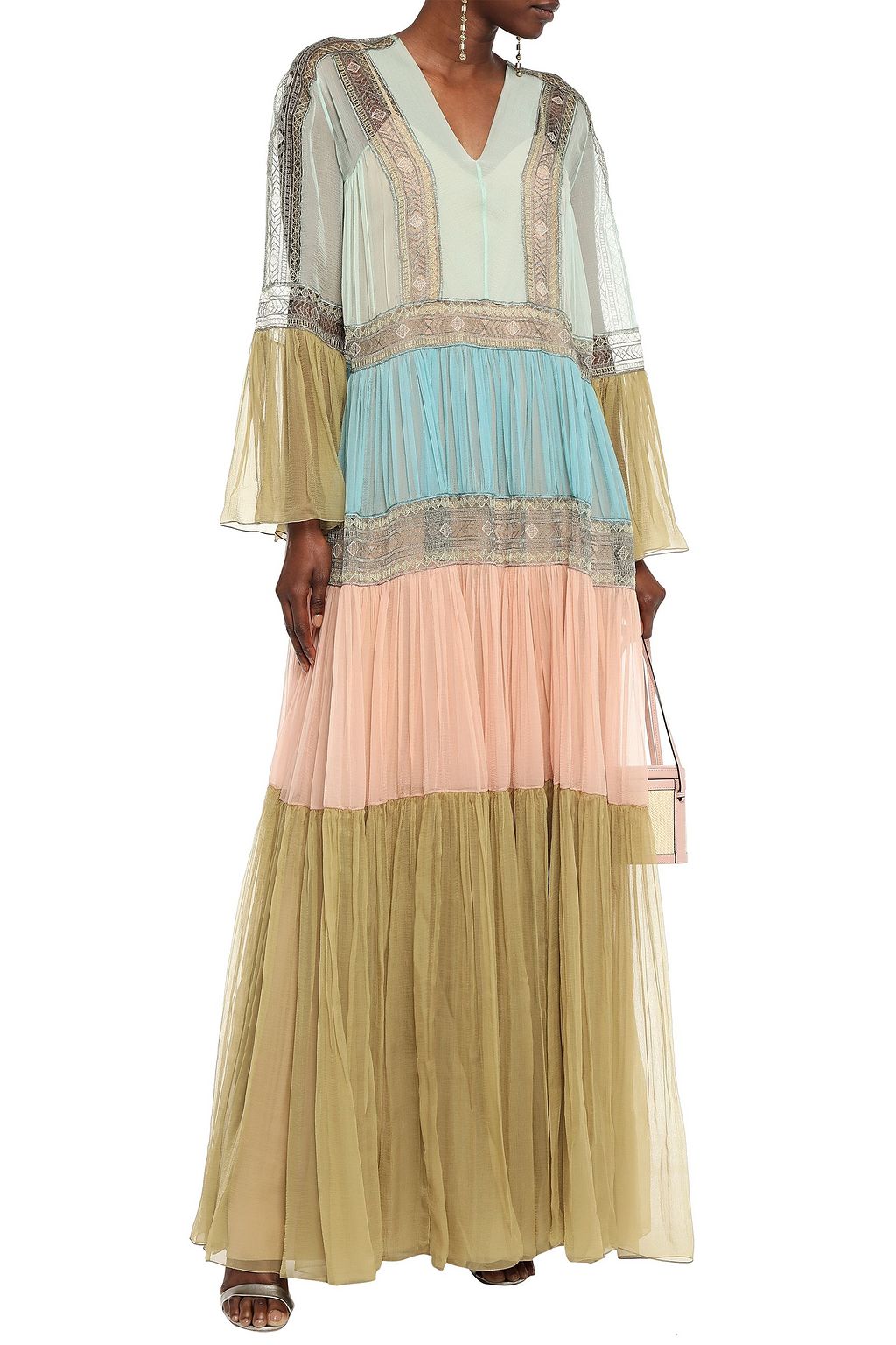 ALBERTA FERRETTI Layered lace-trimmed color-block silk-georgette maxi dress
