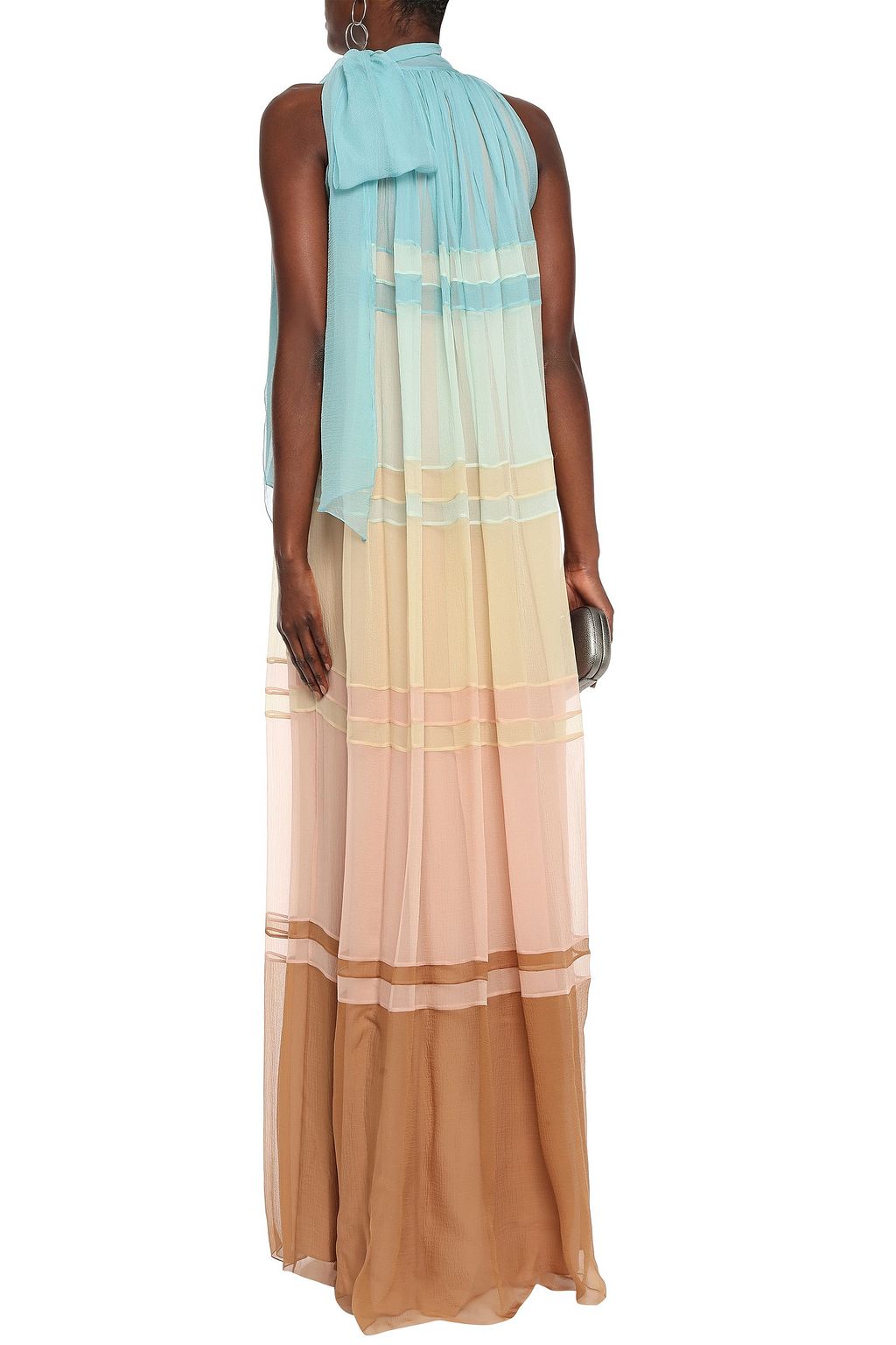 ALBERTA FERRETTI Pussy-bow gathered color-block silk-georgette maxi dress