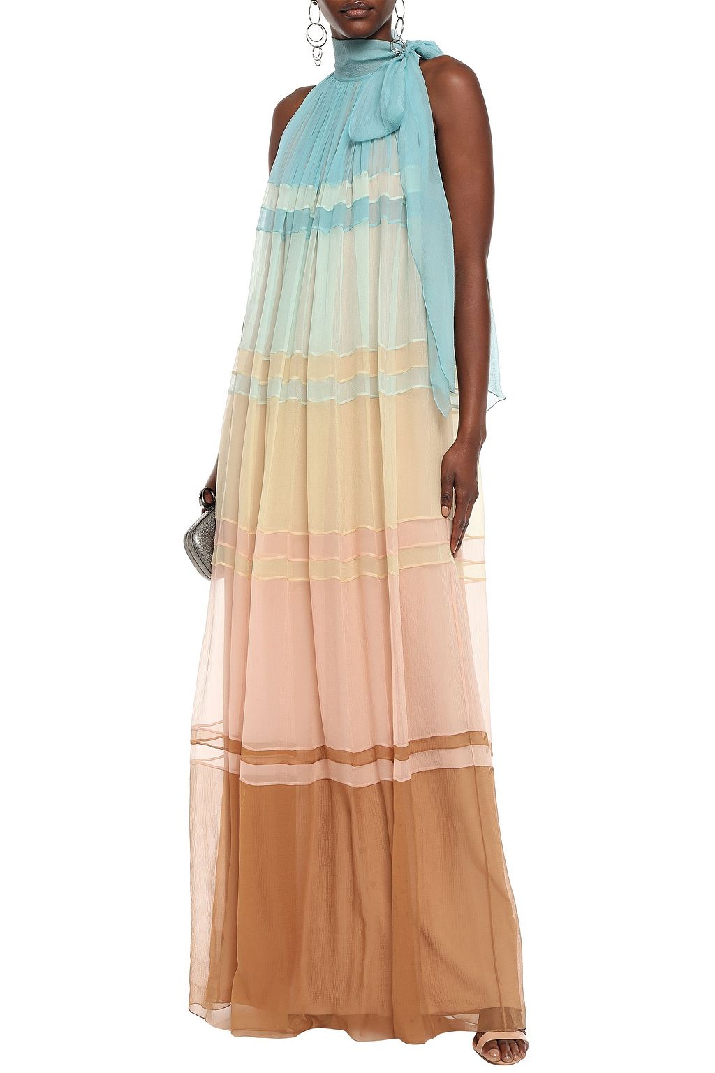 ALBERTA FERRETTI Pussy-bow gathered color-block silk-georgette maxi dress