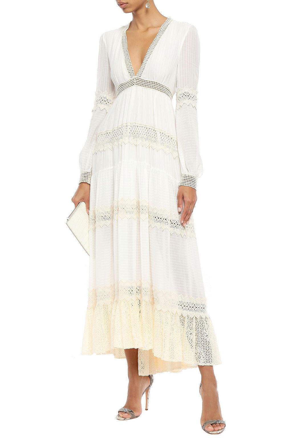 PHILOSOPHY DI LORENZO SERAFINI Crochet-trimmed pinstriped gauze maxi dress