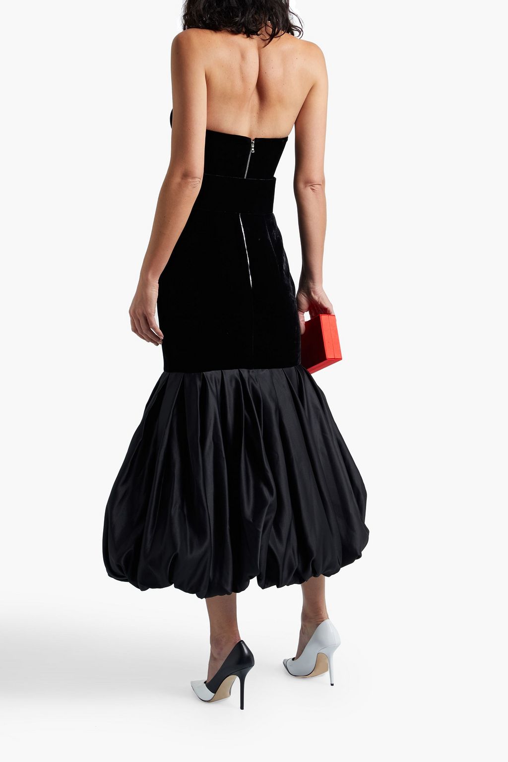 RASARIO Strapless belted satin-paneled velvet midi dress