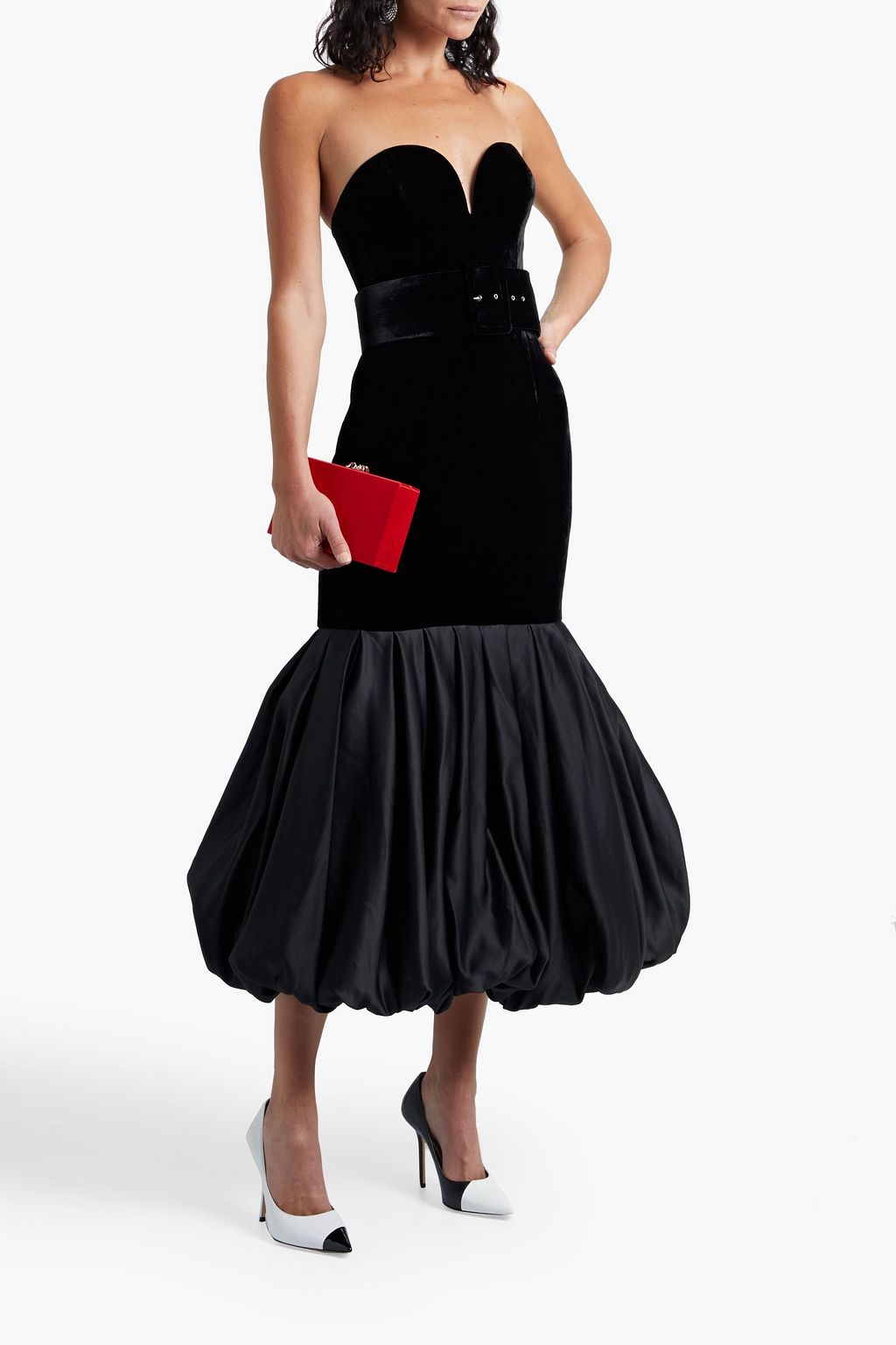 RASARIO Strapless belted satin-paneled velvet midi dress