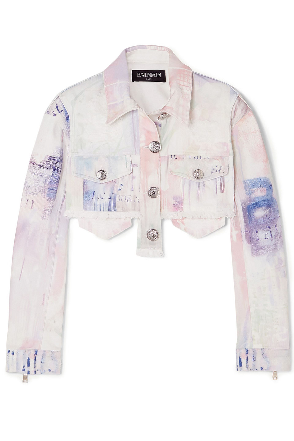 Balmain Woman Cropped Tie-dyed Denim Jacket White Size 42
