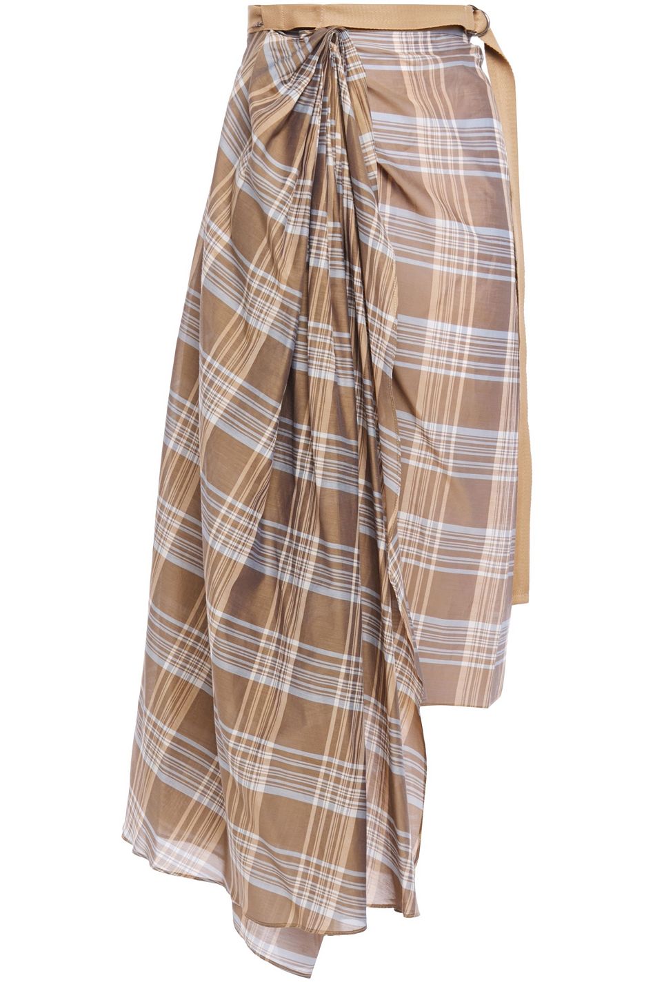 Mushroom Asymmetric Draped Checked Cotton And Silk Blend Midi Wrap