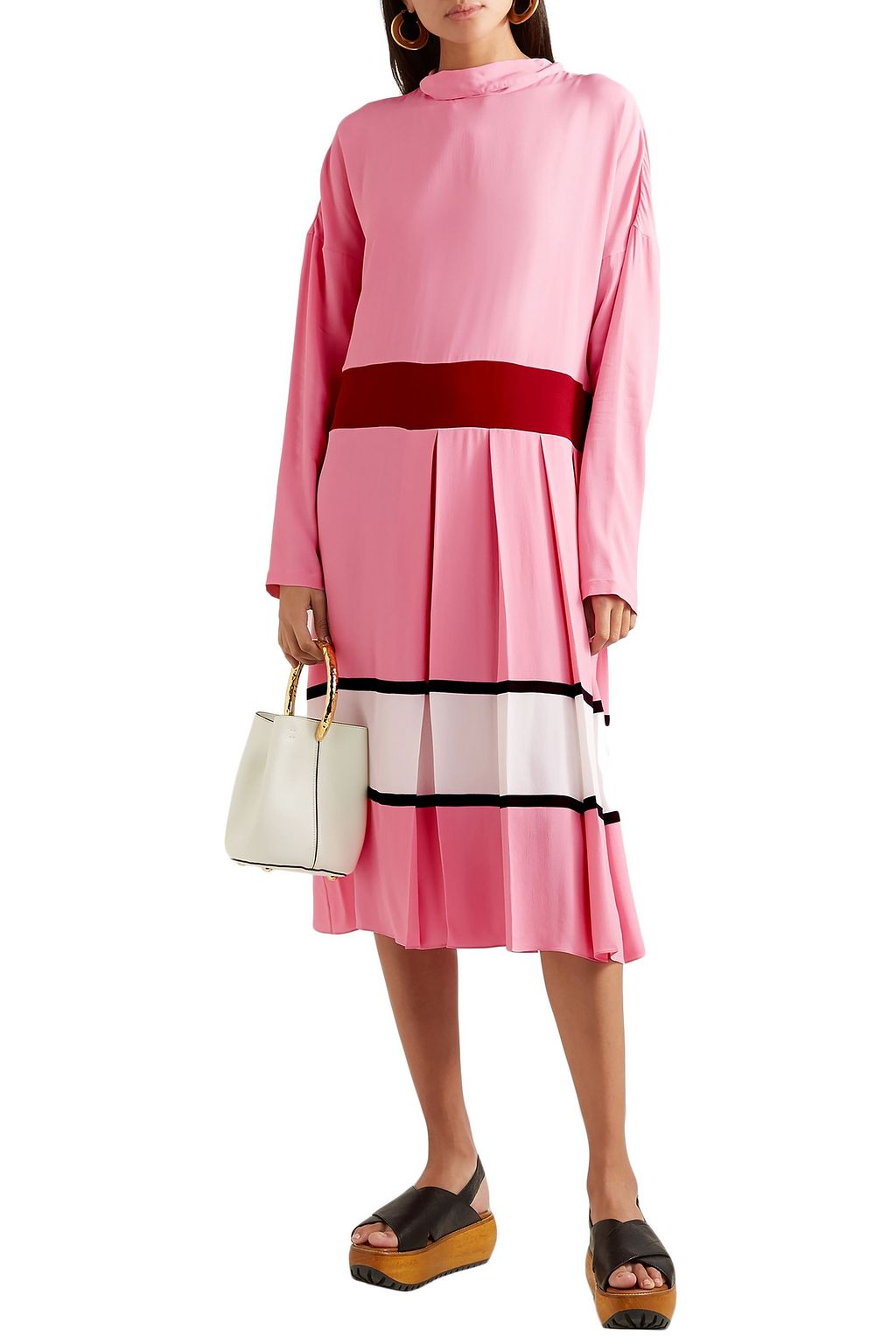MARNI Pleated striped crepe midi dress