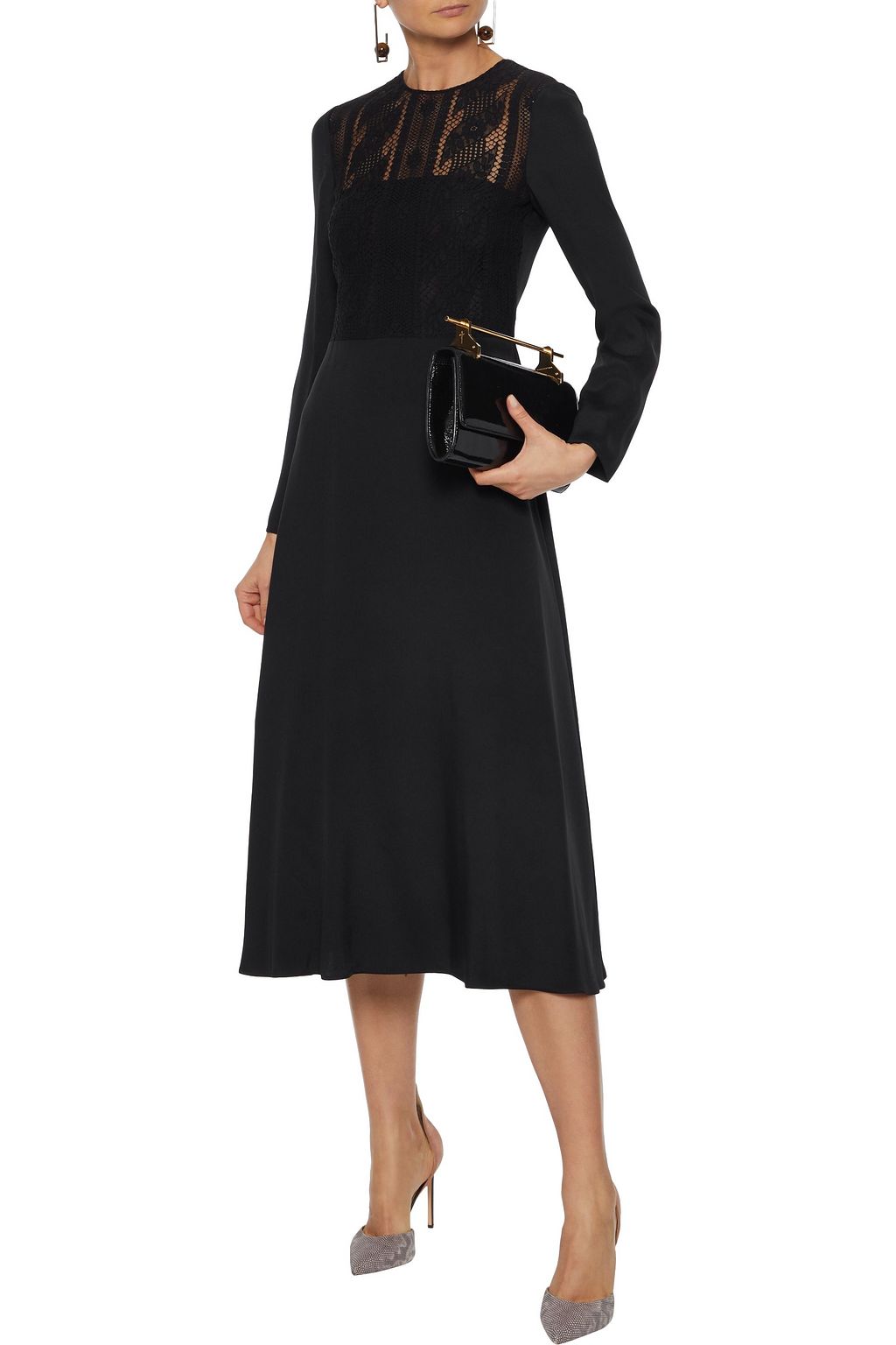 VALENTINO GARAVANI Corded lace-paneled silk-blend cady midi dress