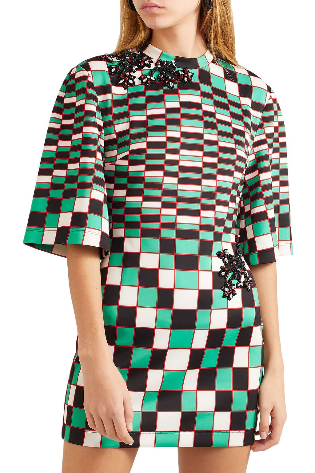 CHRISTOPHER KANE Embellished checked stretch-scuba mini dress