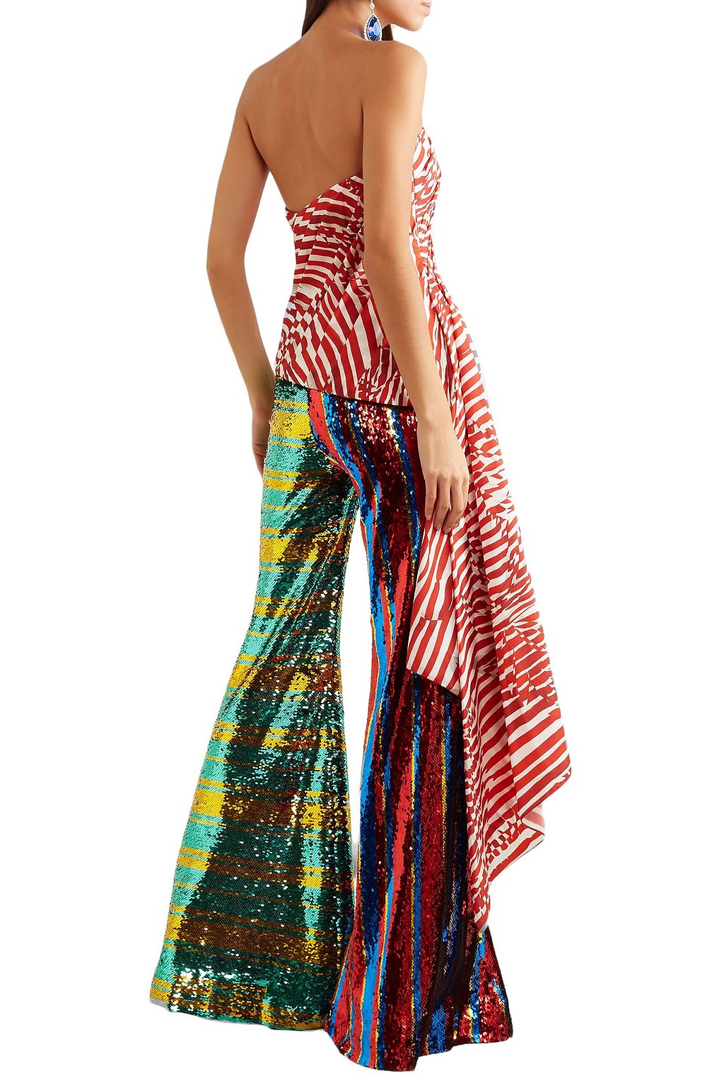 HALPERN Asymmetric strapless draped striped faille top
