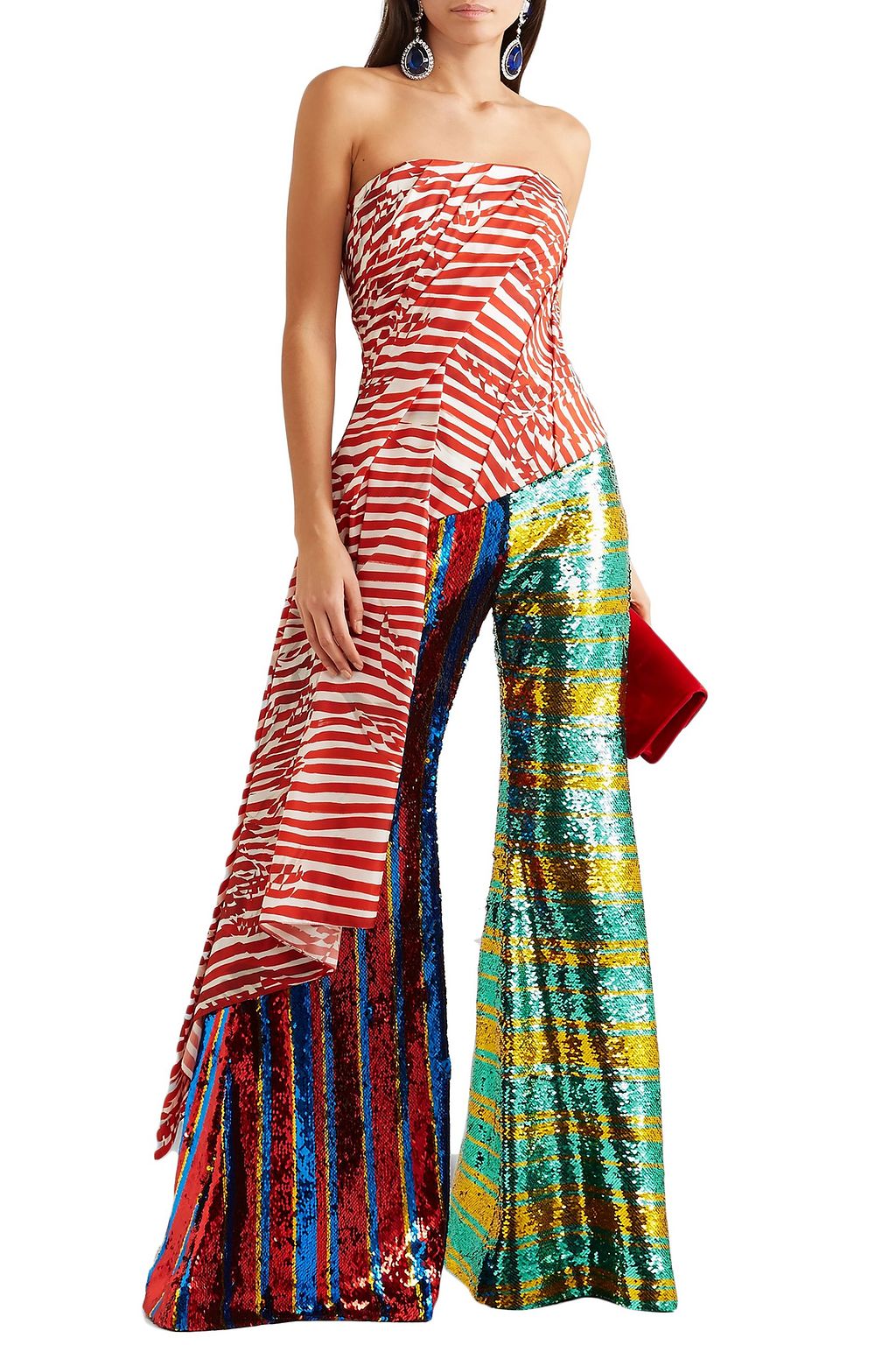 HALPERN Asymmetric strapless draped striped faille top