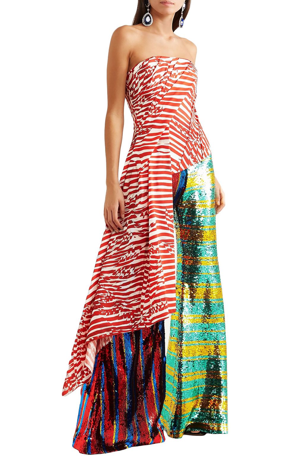 HALPERN Asymmetric strapless draped striped faille top