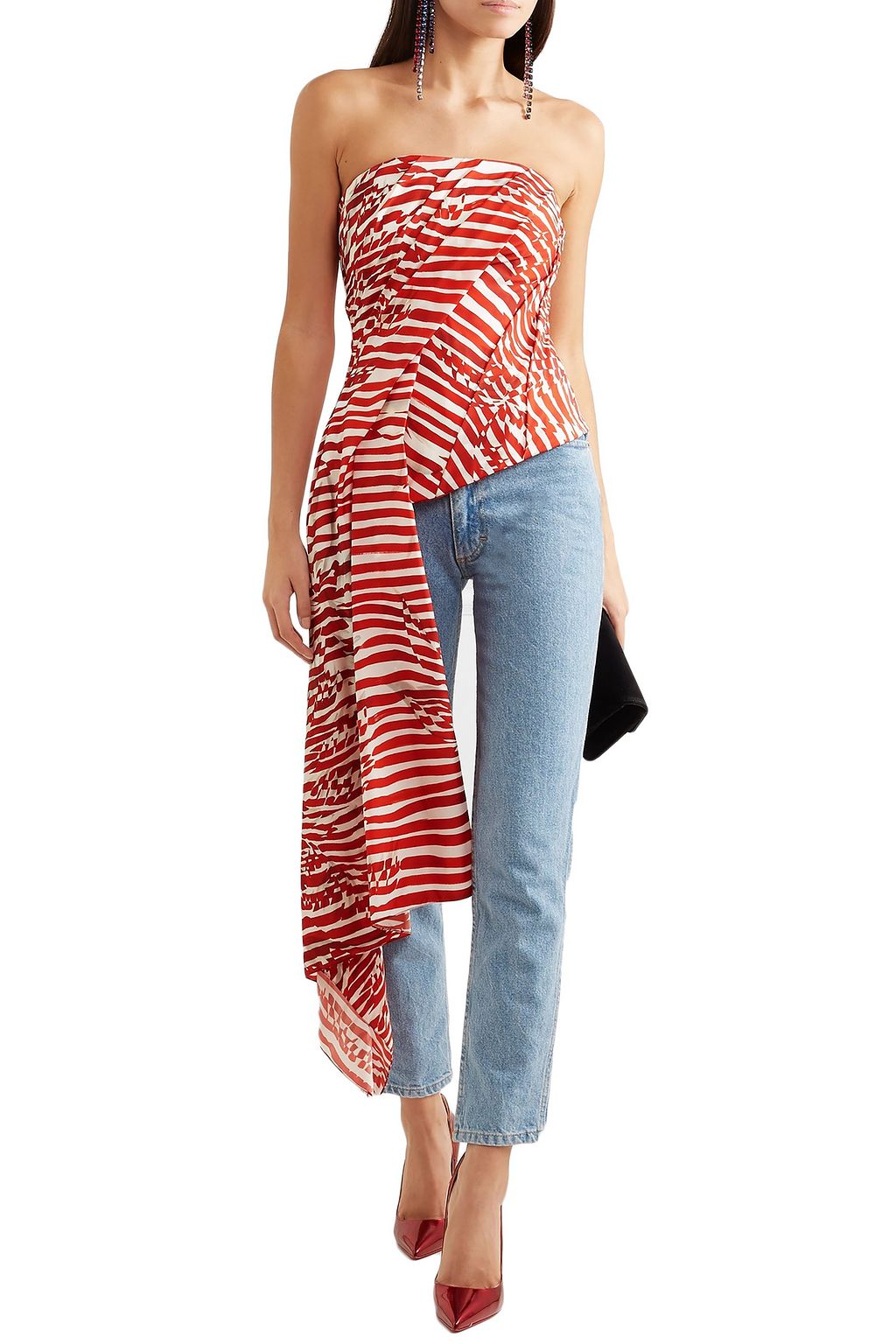 HALPERN Asymmetric strapless draped striped faille top