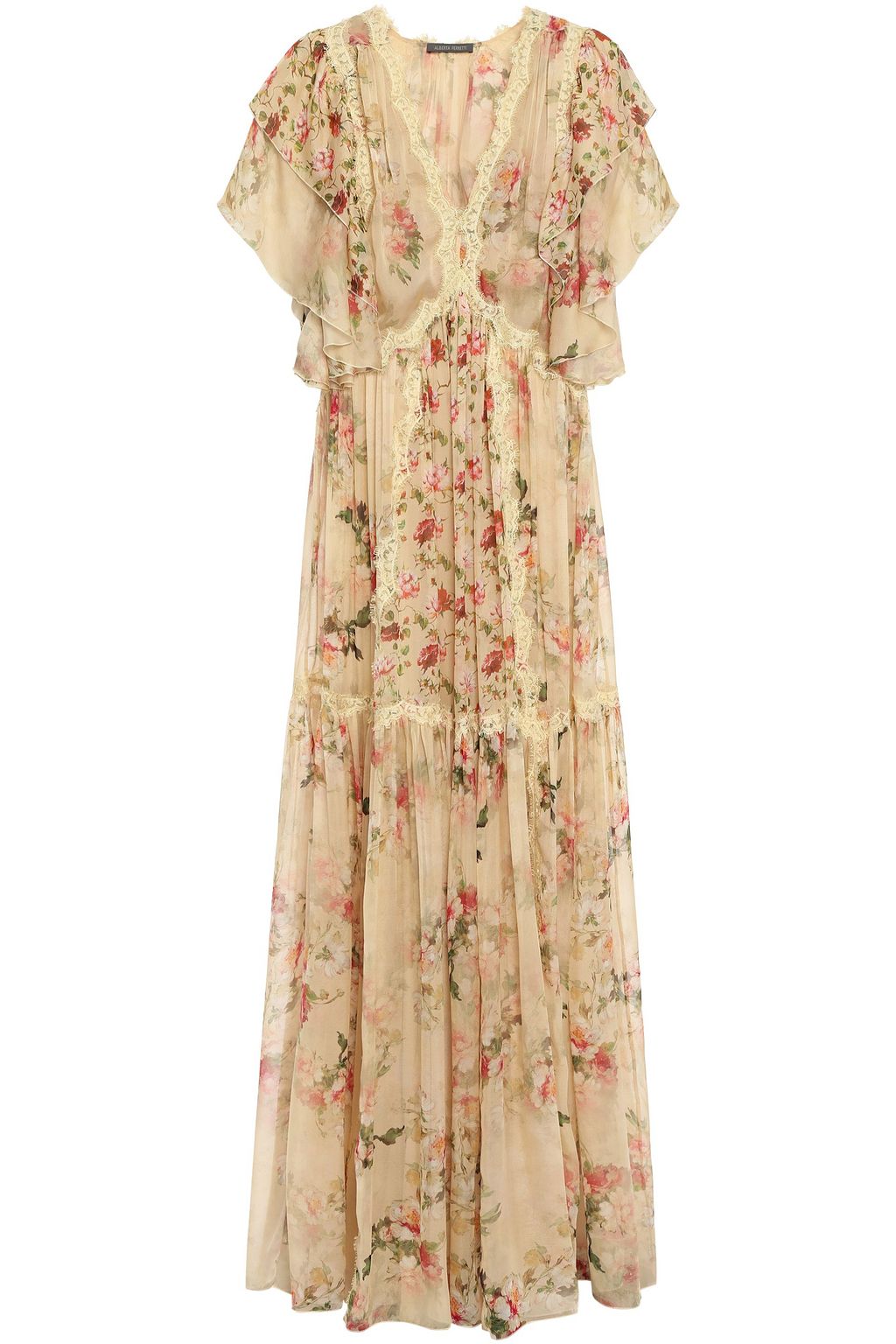 tiered floral lace printed chiffon dress