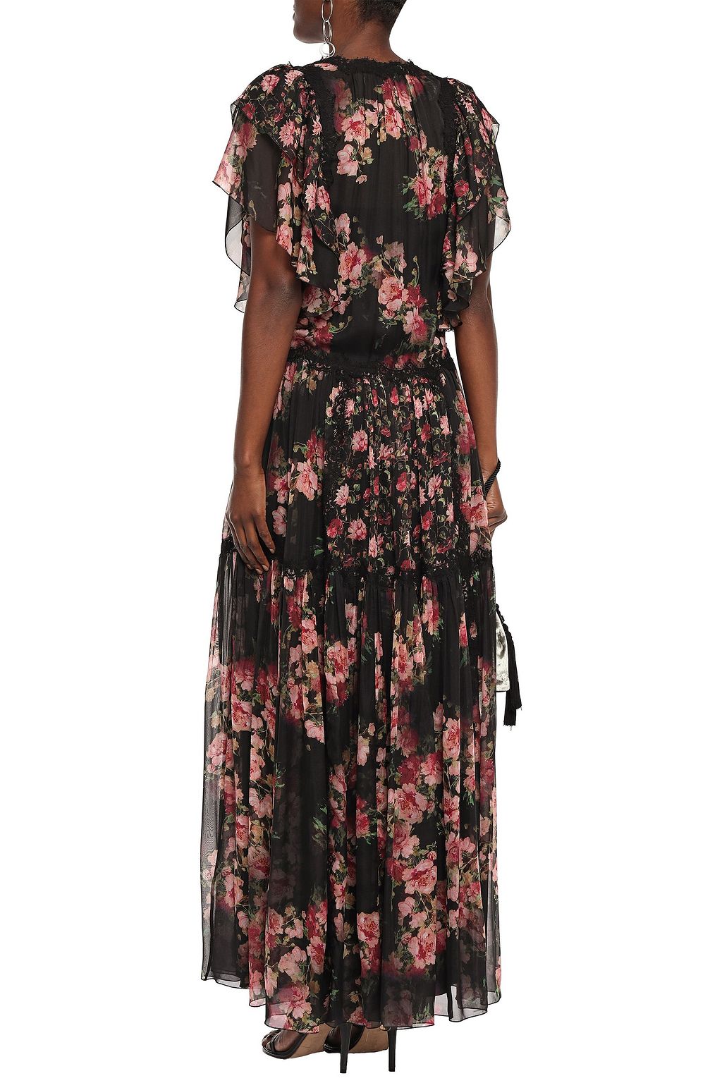 ALBERTA FERRETTI Lace-trimmed tiered floral-print silk-chiffon maxi dress