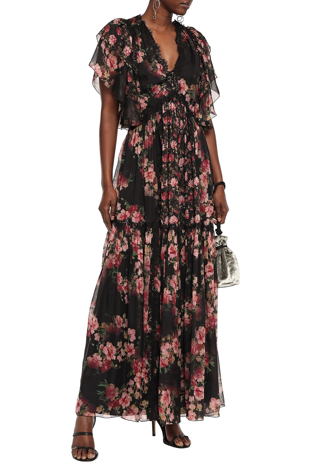 ALBERTA FERRETTI Lace-trimmed tiered floral-print silk-chiffon maxi dress