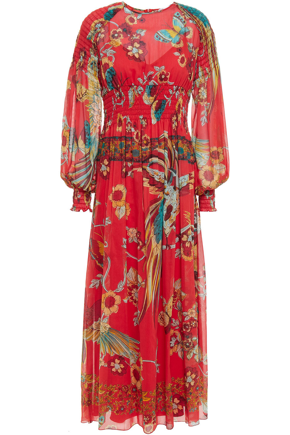 Redvalentino Woman Shirred Printed Cotton And Silk-blend Voile Midi Dress Coral Size 44