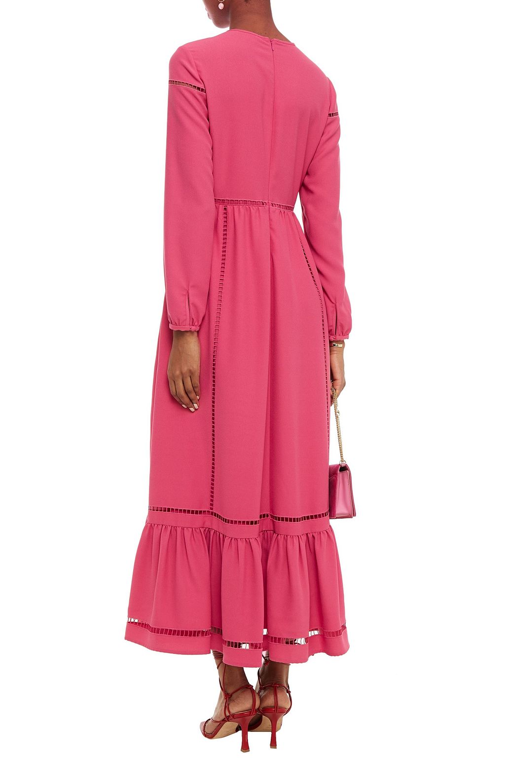 REDVALENTINO Lattice-trimmed gathered satin-crepe maxi dress