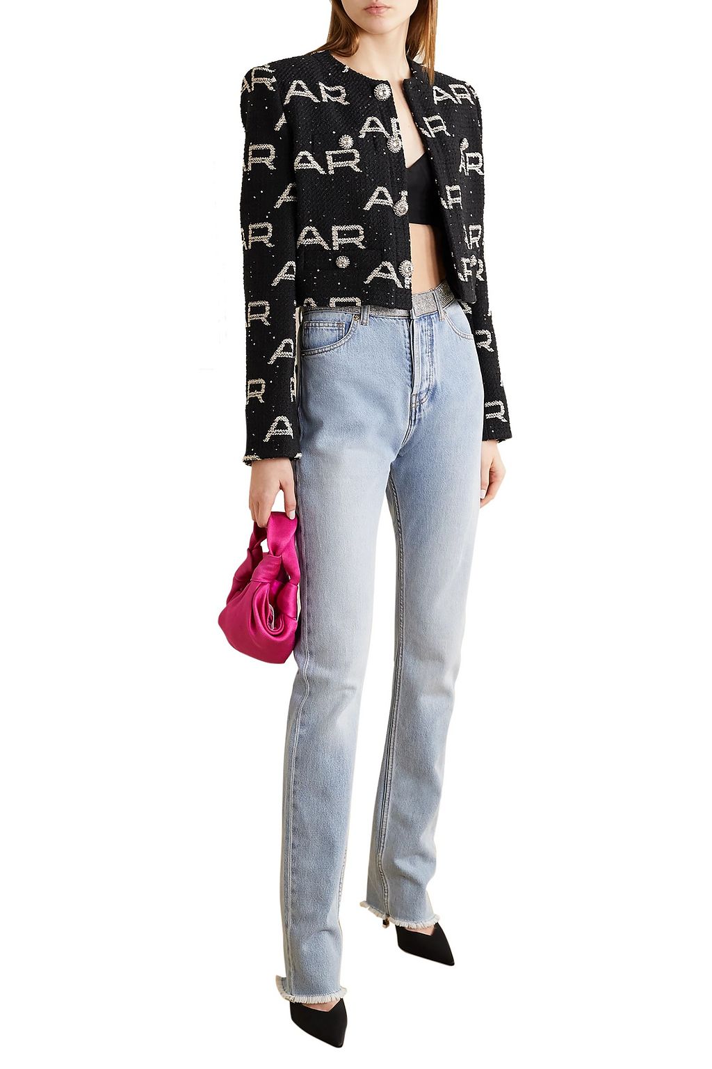 ALESSANDRA RICH Cropped crystal-embellished sequined tweed jacket