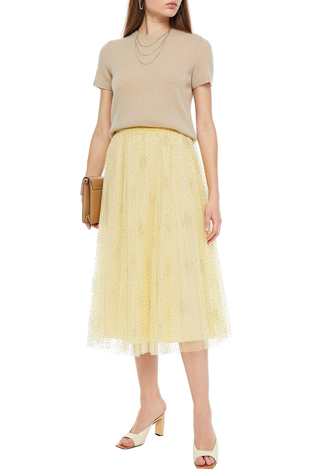 REDVALENTINO تنورة متوسطة الطول من التول المرن المزيّن بحلى متلألئة وبتصميم ملموم