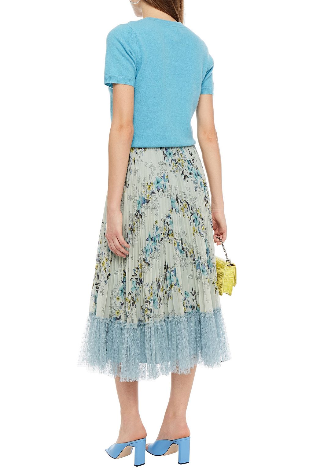 REDVALENTINO Point d'esprit-trimmed pleated floral-print georgette midi skirt