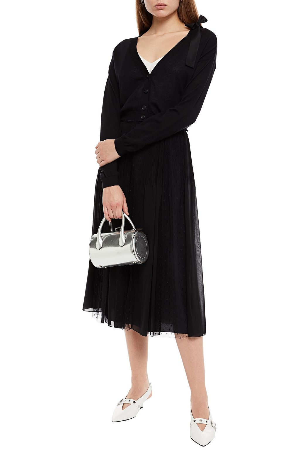 REDVALENTINO Gathered point d'esprit-paneled chiffon midi skirt