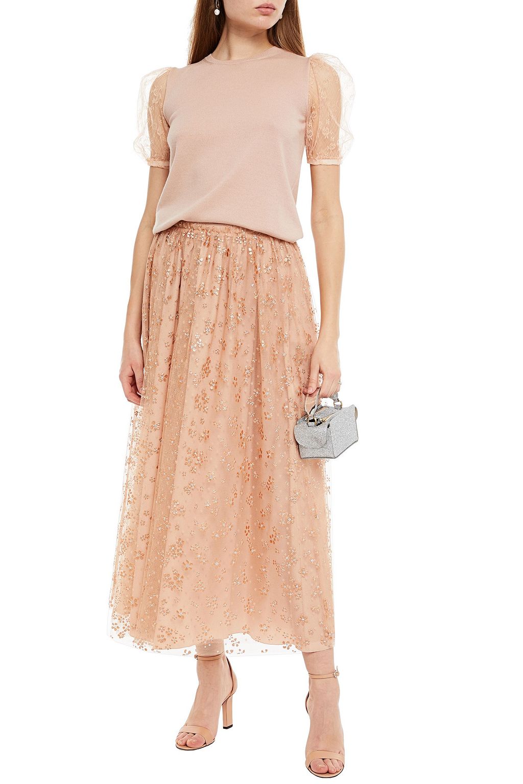 REDVALENTINO Glittered floral-print point d'esprit midi skirt
