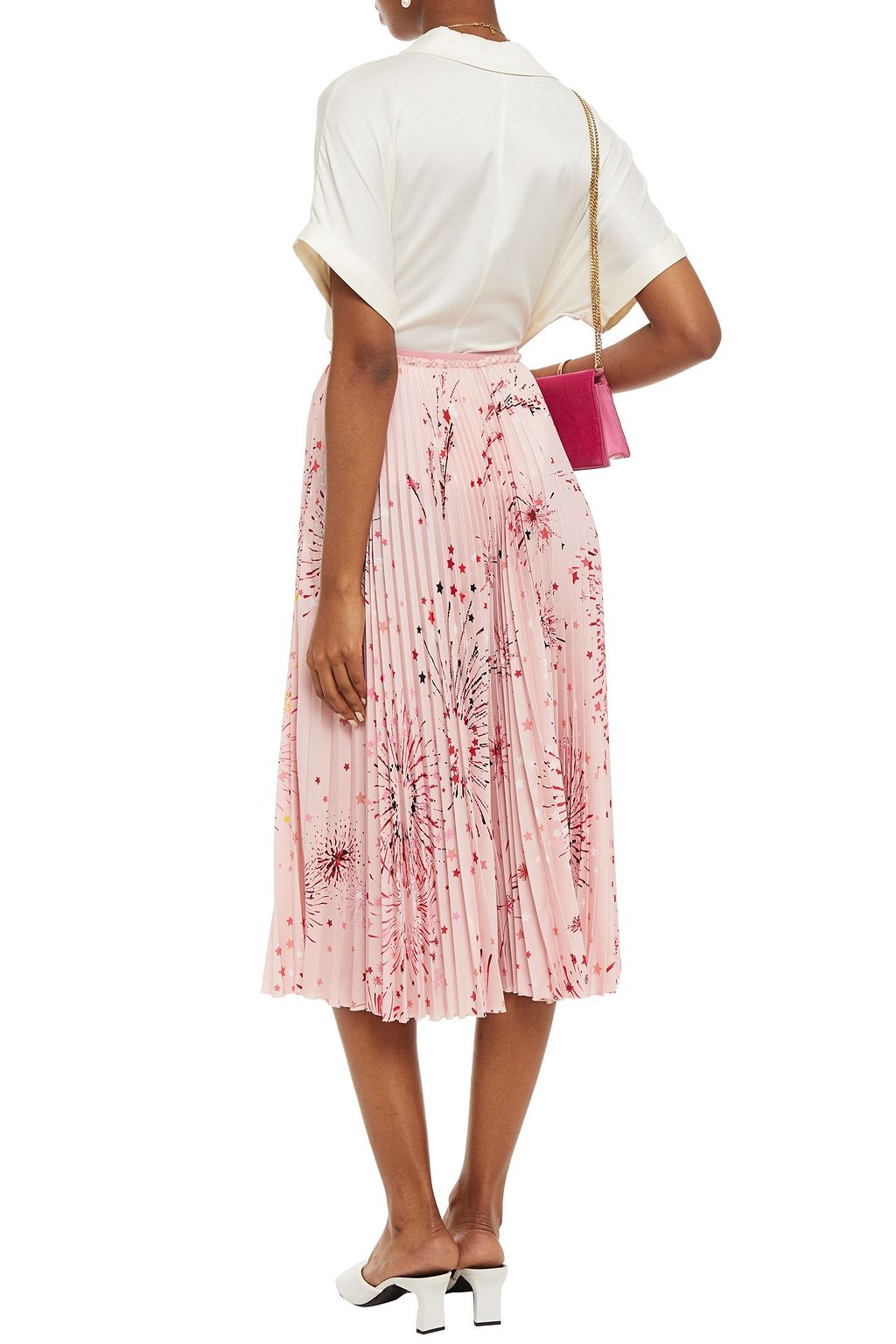 REDVALENTINO Pleated printed crepe de chine midi skirt