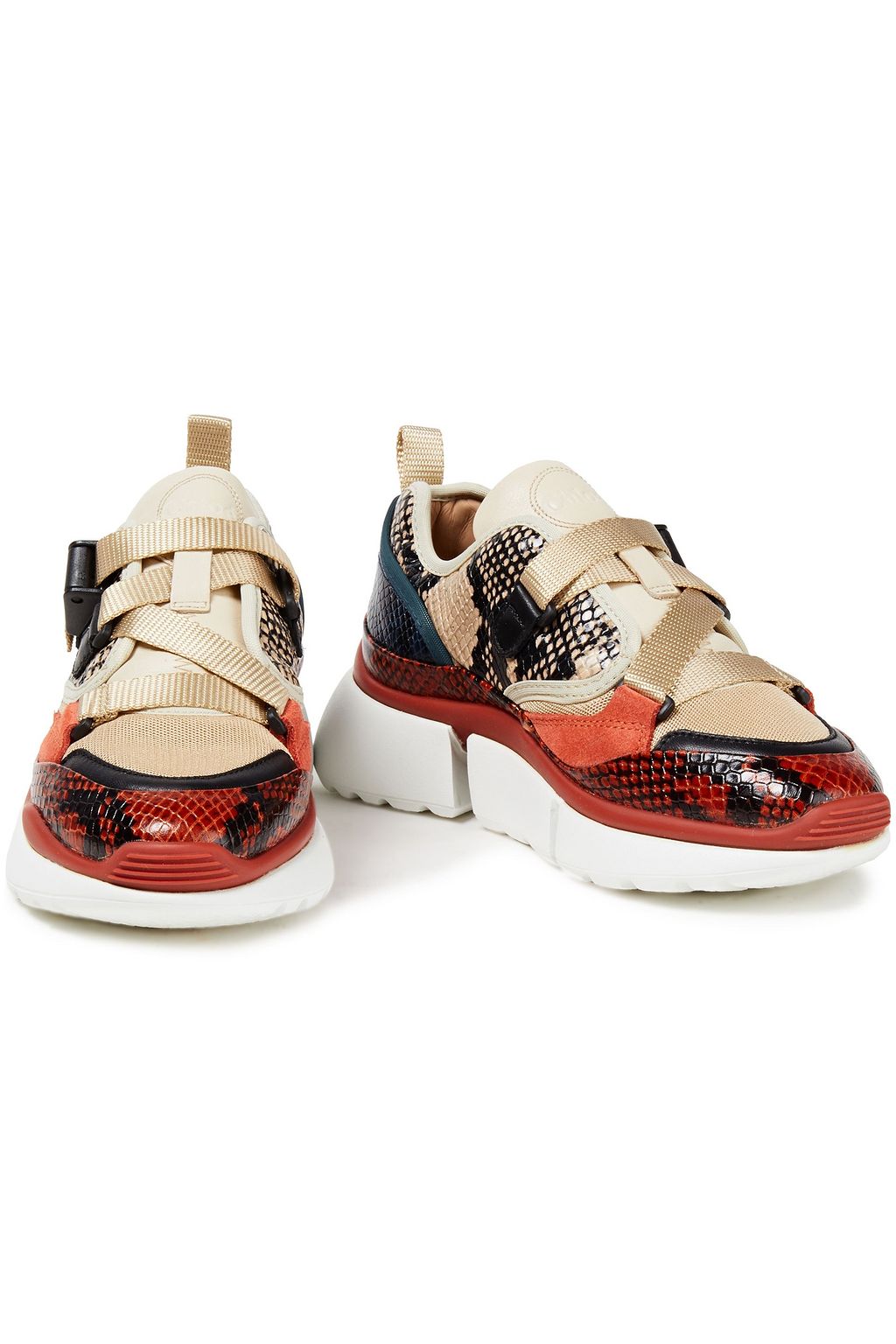 CHLOÉ Suede-trimmed snake-effect leather and mesh sneakers