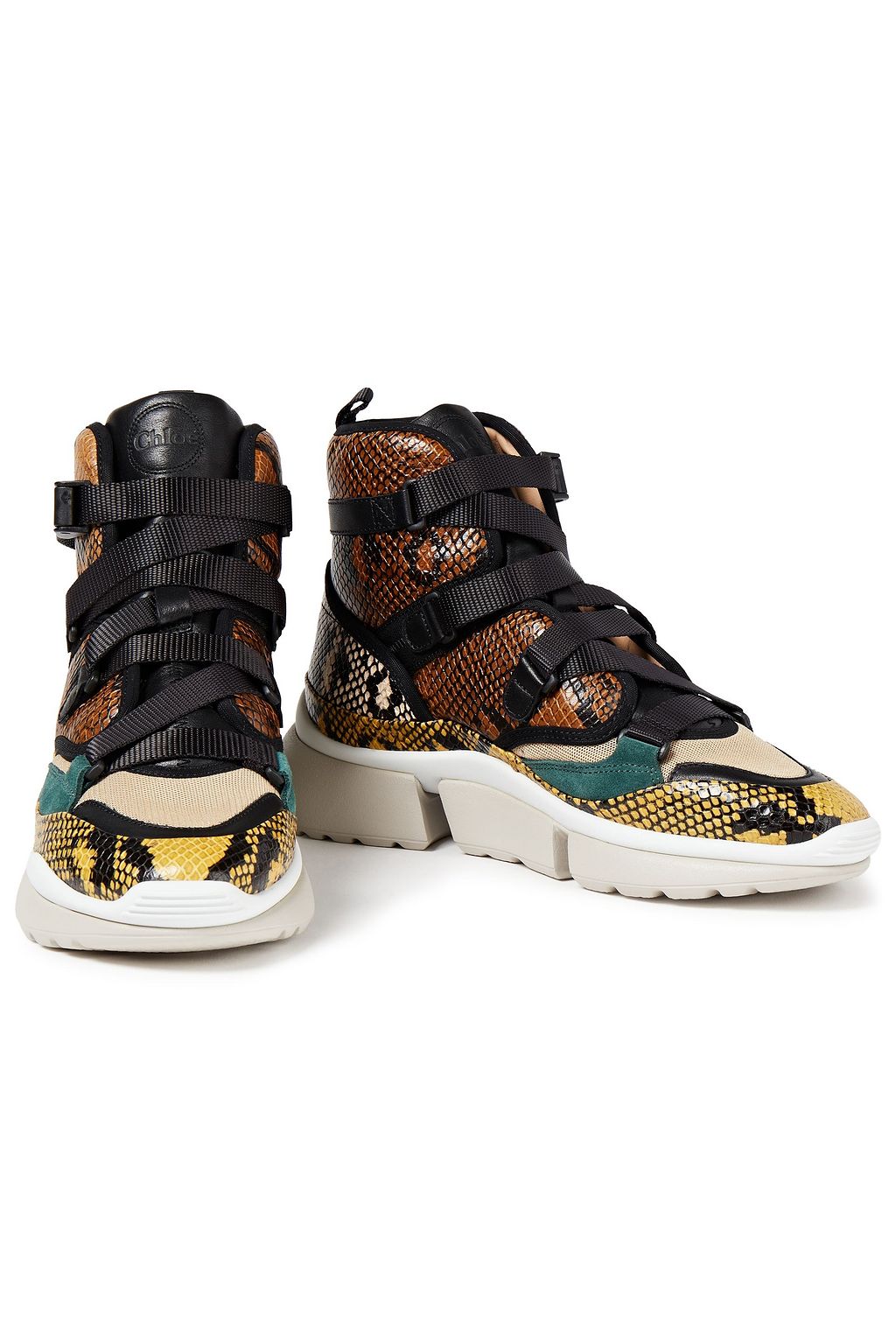 CHLOÉ Snake-effect leather and mesh sneakers