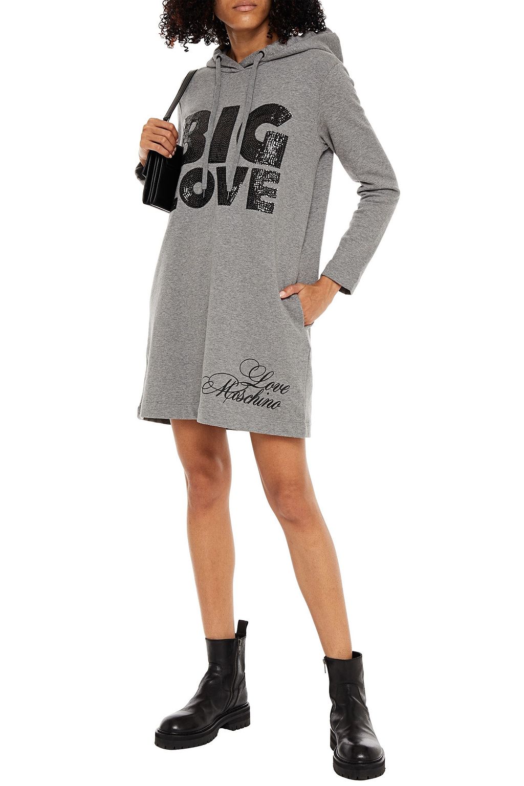 LOVE MOSCHINO Embellished printed cotton-fleece hooded mini dress