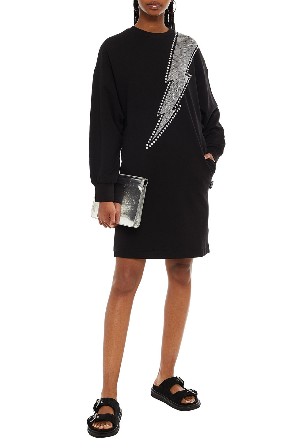 Love Moschino Studded Metallic Stretch-cotton Fleece Mini Dress In Black