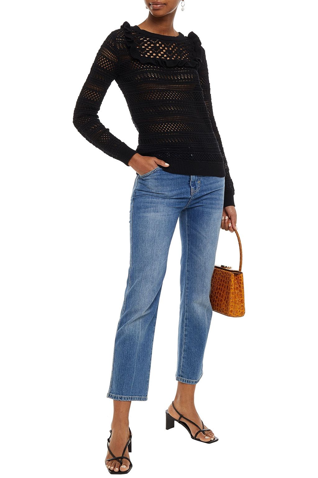 REDVALENTINO Ruffled crochet-knit cotton sweater
