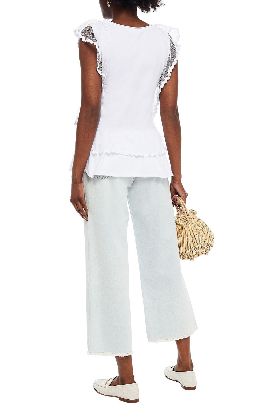REDVALENTINO Point d'esprit-trimmed ruffled cotton-jersey top
